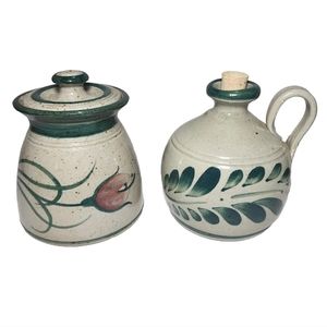 Vintage Salt Glazed Pottery Crock Jug Set Artist Signed Tulip Green Vines EUC